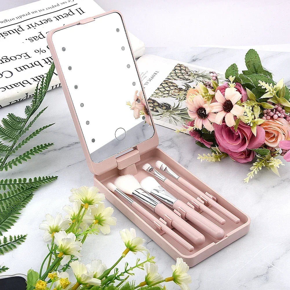 Lighted Makeup Mirror with 5 Makeup Brushes Travel Friendly