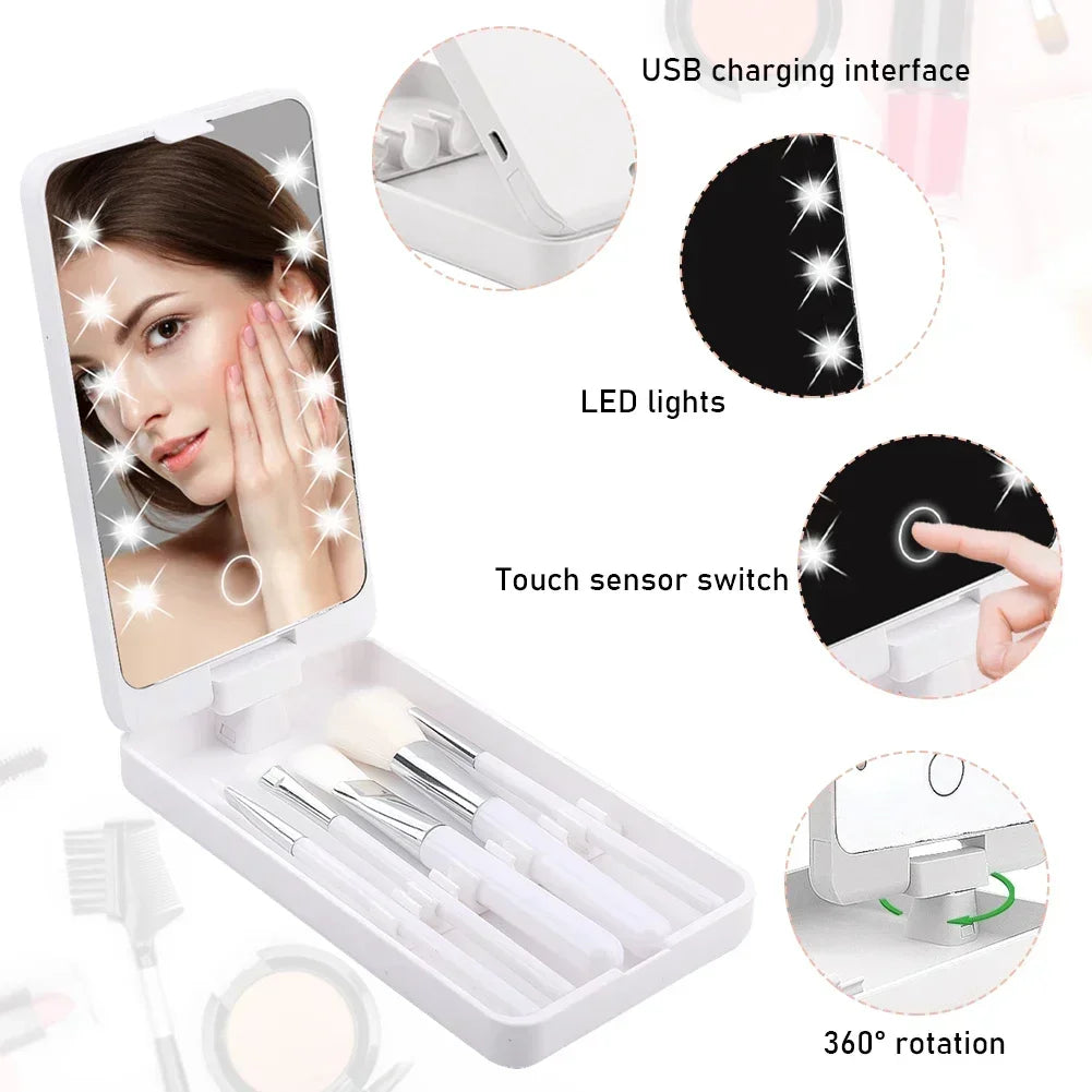 Lighted Makeup Mirror with 5 Makeup Brushes Travel Friendly