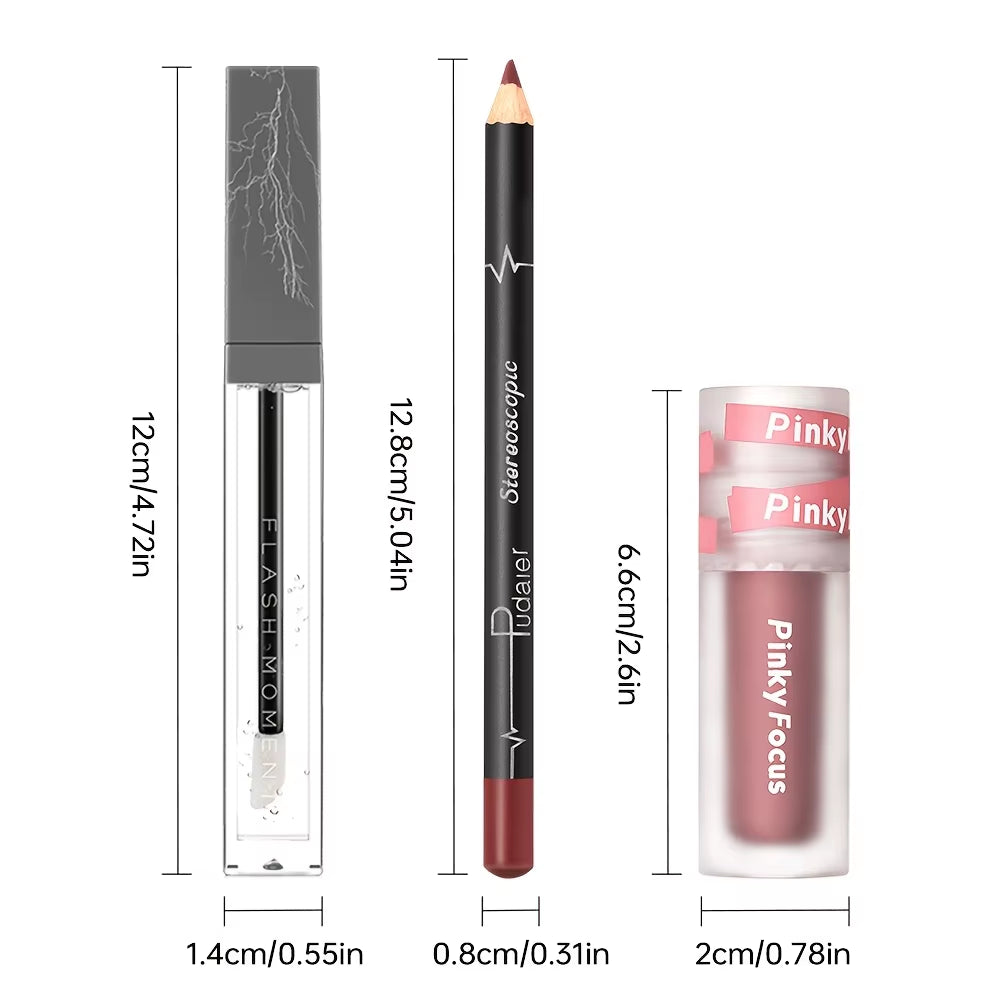 Glossy Lip Set, Shimmer Lip Gloss + Lip Oil + Lip Liner