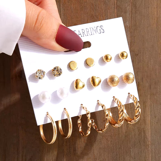 Gold Color Vintage Geometry Pearl Earrings Set Metal Twine Square Dangle Earrings round for Women Simple Trendy Party Jewelry