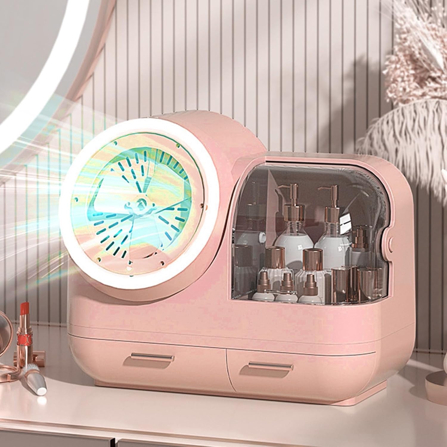 Mirror Fan Makeup Case, Portable Makeup Organizer with Mirror and LED Light