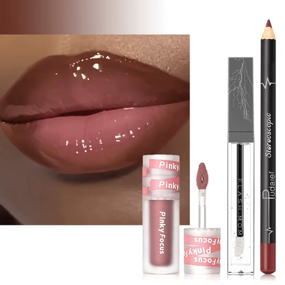  Glossy Lip Set, Shimmer Lip Gloss + Lip Oil + Lip Liner