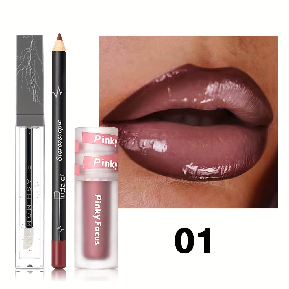  Glossy Lip Set, Shimmer Lip Gloss + Lip Oil + Lip Liner
